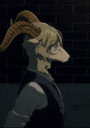 a cartoon character with horns is standing in front of a brick wall .