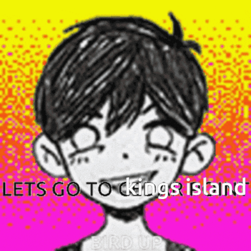 a black and white drawing of a boy with the words `` let 's go to kings island '' written on it .
