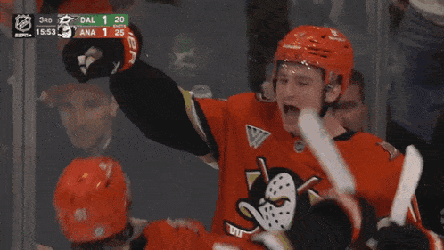 a hockey player with the number 17 on his back is hugging another player