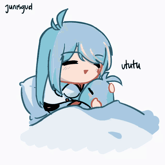 a drawing of a girl laying in bed with the name junisgud