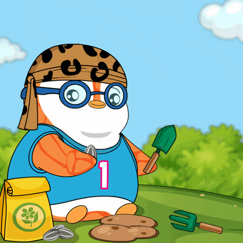 a cartoon penguin with the number 1 on his shirt is holding a shovel