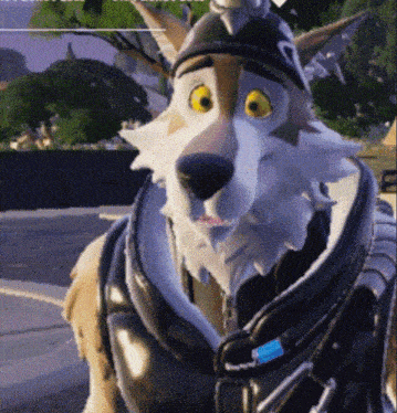a close up of a wolf wearing a helmet and armor