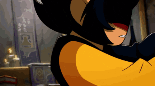 a cartoon character with black hair and a yellow shirt is standing in a room