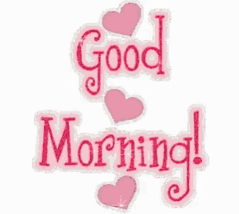 the words good morning are surrounded by pink hearts on a white background
