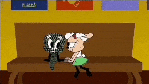 a cartoon character is standing next to another cartoon character in front of a bench .