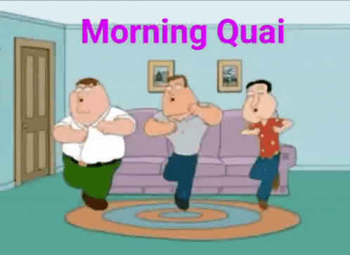 three cartoon men are dancing in a living room with the words morning quai above them .