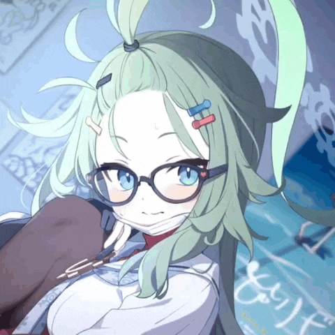 a girl with green hair and glasses is standing in front of a sign that says ' a ' on it