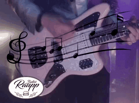 a person playing a guitar in front of a bistro rapupp logo