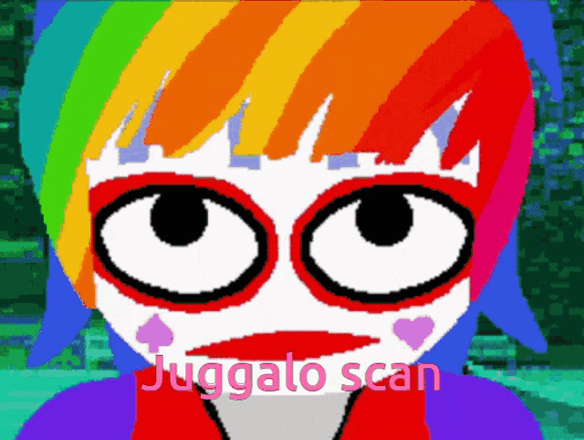 a pixel art of a clown with juggato scan written in pink