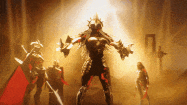 a group of warriors with swords and shields are standing in a room