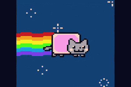 a pixel art drawing of a cat with a rainbow tail