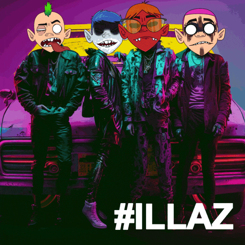 a group of cartoon characters standing in front of a car with the hashtag #illaz on the bottom