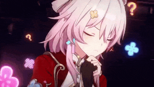 a girl with pink hair and a question mark on her head is holding her hand to her face .
