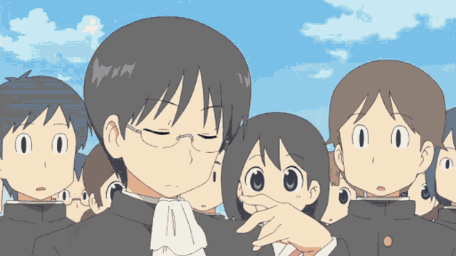 a group of cartoon characters including a boy with glasses and a girl