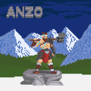 a pixel art of a man holding an axe with the name anzo written above him