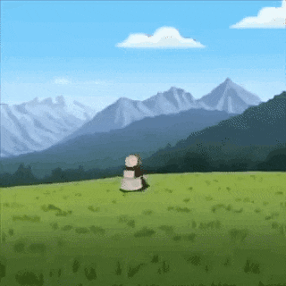 a cartoon drawing of a person sitting in a grassy field with mountains in the background .