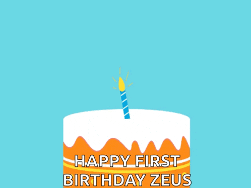 a happy first birthday zeus card with a dog and cat