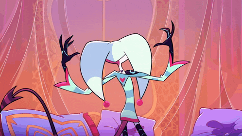 a cartoon character is sitting on a bed with a purple curtain behind him