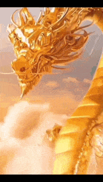 a golden dragon is flying through the air in a cloudy sky .