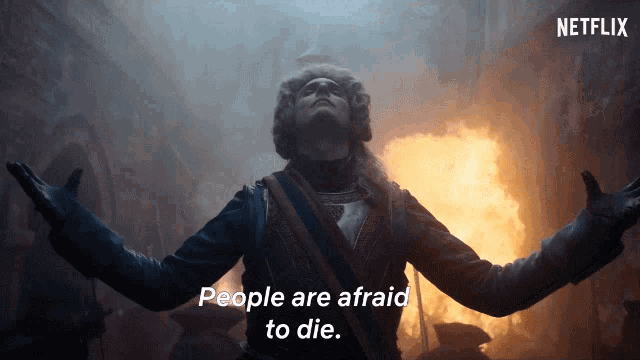 a man with his arms outstretched and the words people are afraid to die behind him