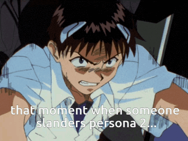 a cartoon of a boy with the words that moment when someone slanders persona 2 below him