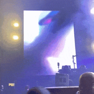 a group of people are watching a concert with a large screen in the background