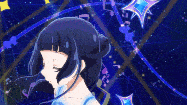 a girl in a blue dress is surrounded by musical notes
