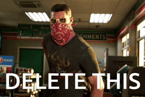 a man wearing sunglasses and a bandana on his face stands in front of a sign that says shments
