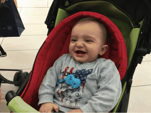 a baby in a stroller has a shirt that says monster on it
