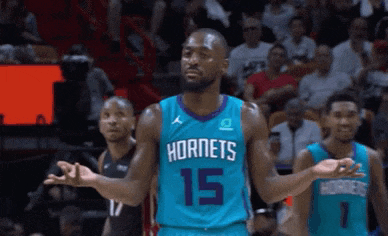 a basketball player wearing a hornets jersey is standing on the court