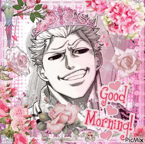 a picture of a man with a crown on his head and the words good morning on the bottom