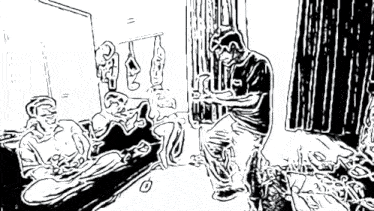 a black and white drawing of a man standing in a room with people