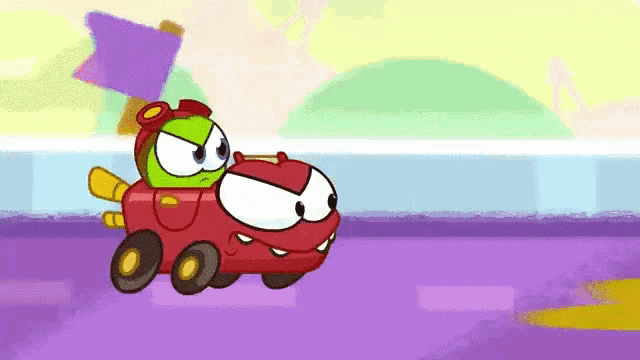 a cartoon character is driving a red car next to another car .