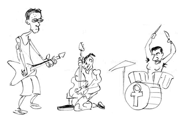 a drawing of a man playing a guitar and another man playing drums