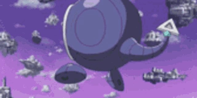 a cartoon character is flying through the air with a purple sky in the background .