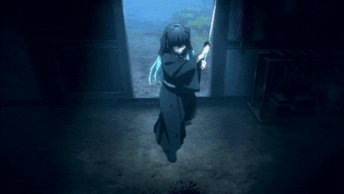 a cartoon character with long blue hair and a black jacket