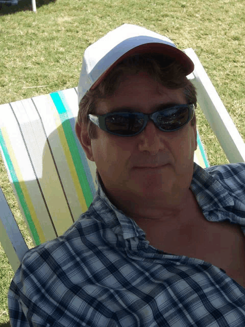 a man wearing a plaid shirt and sunglasses is sitting in a chair