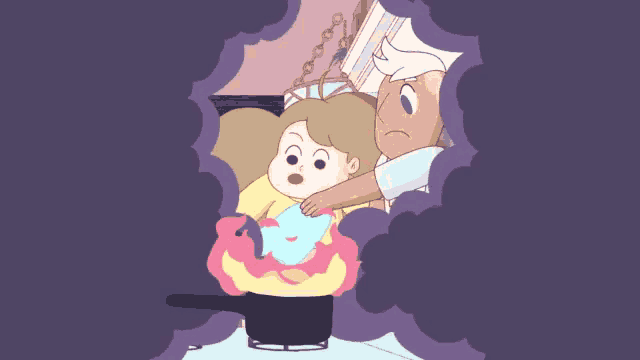 a cartoon of a girl with a bee on her shirt cooking