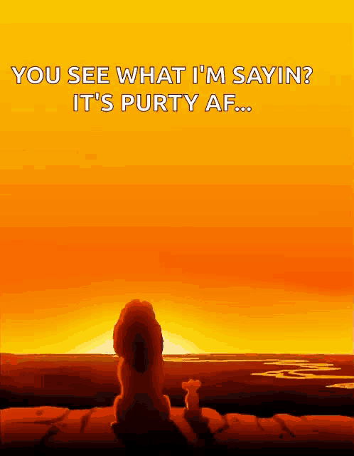 a poster for the lion king shows a lion and a cub looking at the sunset
