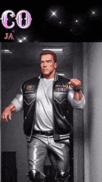 arnold schwarzenegger is standing in a hallway with the letters co and ja behind him