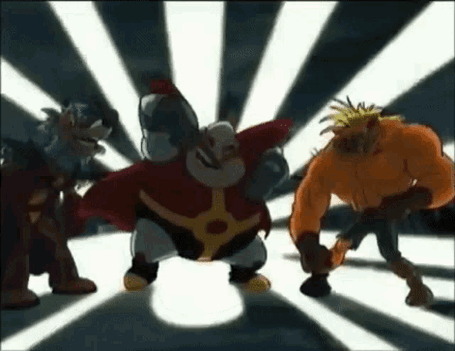 a group of cartoon characters are standing next to each other in a circle .