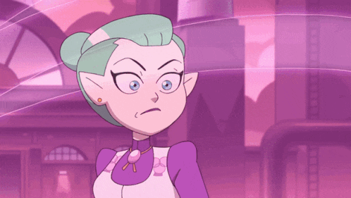 a cartoon character with green hair and blue eyes is standing in front of a pink background