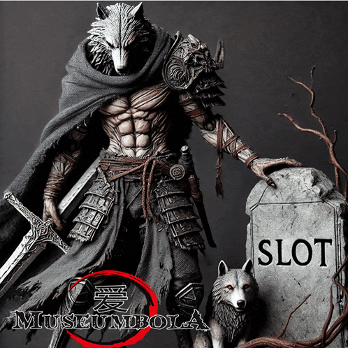 a statue of a wolf holding a sword next to a slot sign