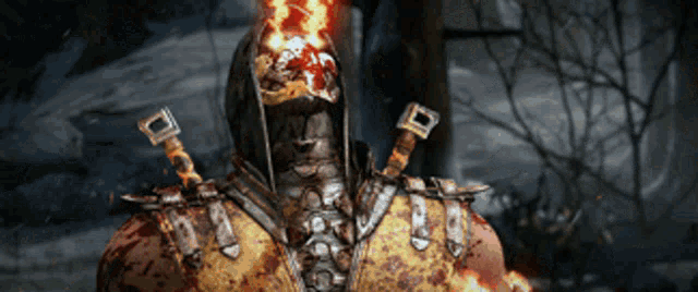 a video game character with a flame coming out of his face