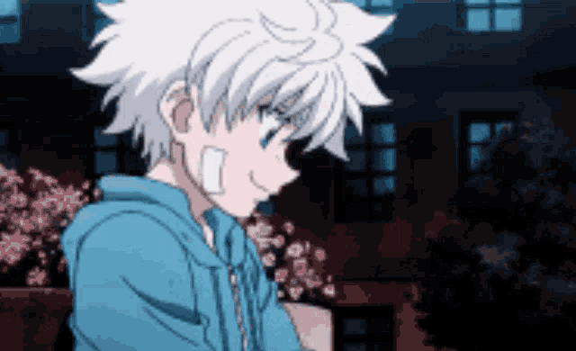 a cartoon character with white hair and a blue hoodie