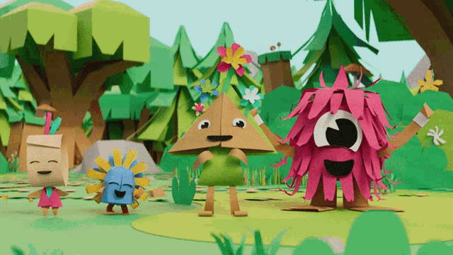 a group of paper characters are standing in a forest with trees and flowers in the background