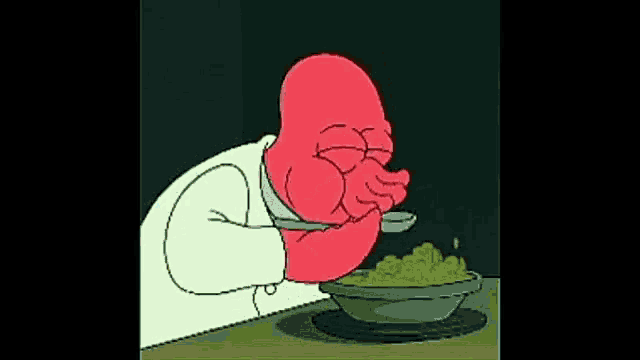 a cartoon of a man eating a bowl of food with a spoon .