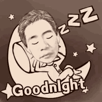 a cartoon of a man sleeping on a moon with the words `` goodnight '' written underneath him .