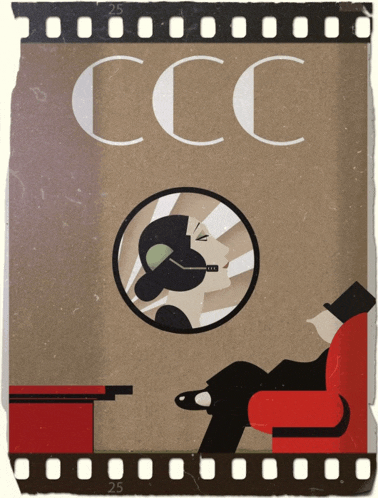 a poster for ccc shows a man sitting in a red chair