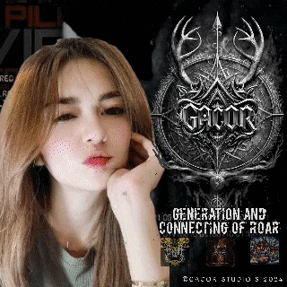 a woman stands in front of a gacor logo